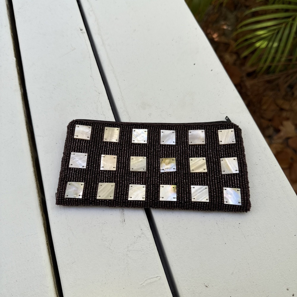 Beaded Clutch Purse Abalone Shell Iridescent Shimmer Natural Boho Zip Seed Bead